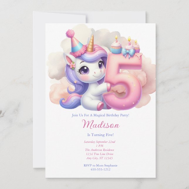 Unicorn 5th Fifth Pink Blue Purple Girl Birthday  Invitation (Front)