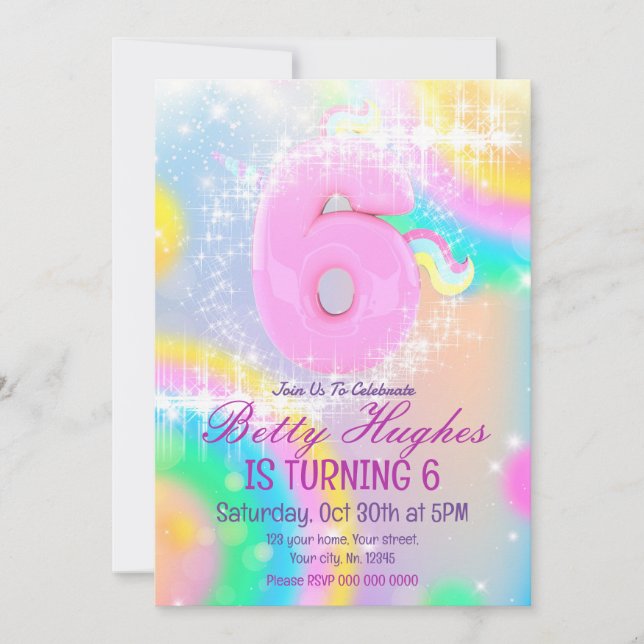 Unicorn 6th Birthday Invitation (Front)