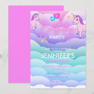 Unicorn 6th birthday invitations Purple Pink