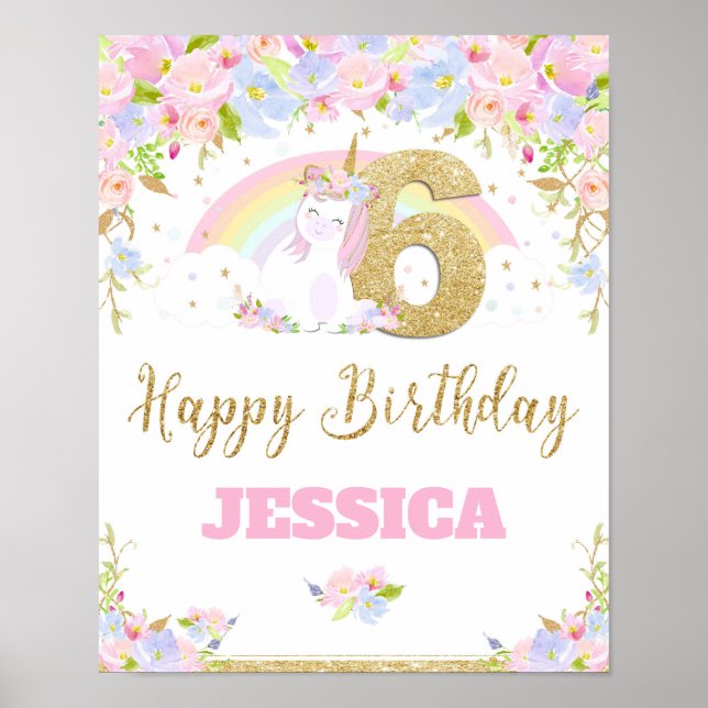 Unicorn 6TH Birthday Party Welcome Poster Sign (Front)