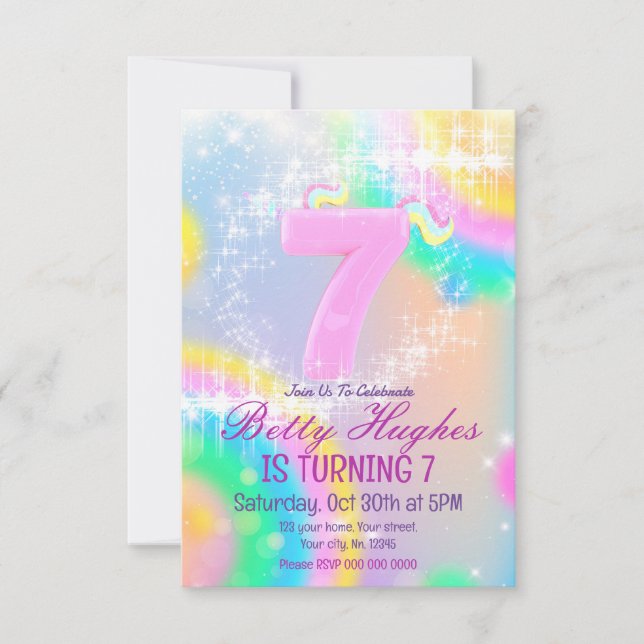Unicorn 7th Birthday Invitation (Front)