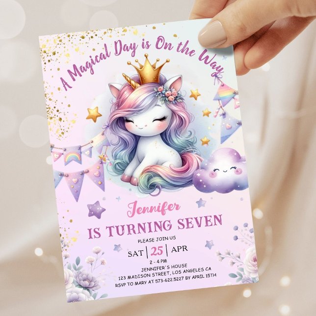 Unicorn 7th Birthday Invite Girl Pink & Gold (#UnicornBirthdayInvitation #UnicornBirthdayInvitationTemplate #UnicornBirthdayInvitationEditable )