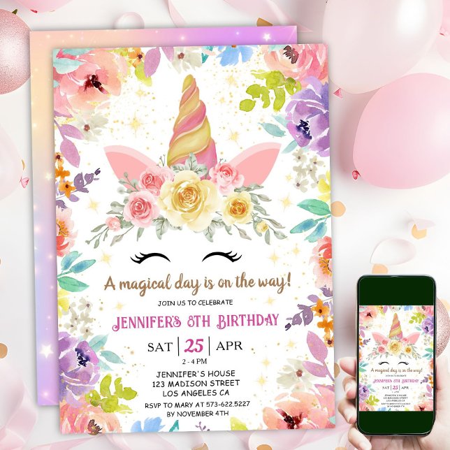 Unicorn 8th Birthday Colourful Floral Rainbow Invitation (#UnicornBirthdayInvitation #UnicornBirthdayInvitationTemplate #UnicornBirthdayInvitationEditable)