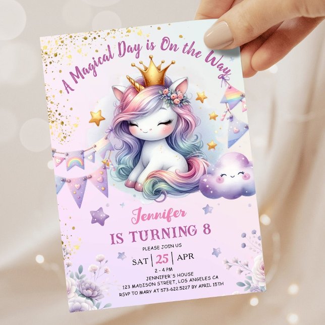 Unicorn 8th Birthday Invite Girl Pink & Gold (#UnicornBirthdayInvitation #UnicornBirthdayInvitationTemplate #UnicornBirthdayInvitationEditable )