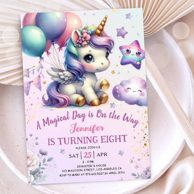 Unicorn 8th Birthday Invite Girl Purple & Gold (#UnicornBirthdayInvitation #UnicornBirthdayInvitationTemplate #UnicornBirthdayInvitationEditable 
)