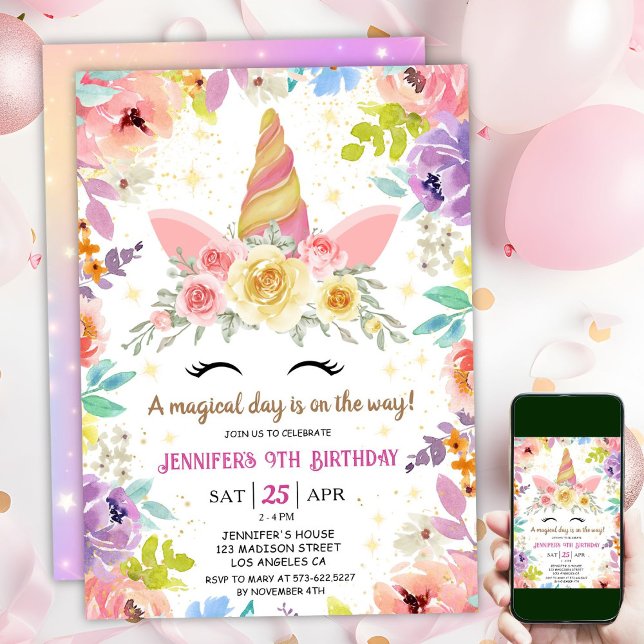 Unicorn 9th Birthday Colourful Floral Rainbow Invitation (#UnicornBirthdayInvitation #UnicornBirthdayInvitationTemplate #UnicornBirthdayInvitationEditable 
)