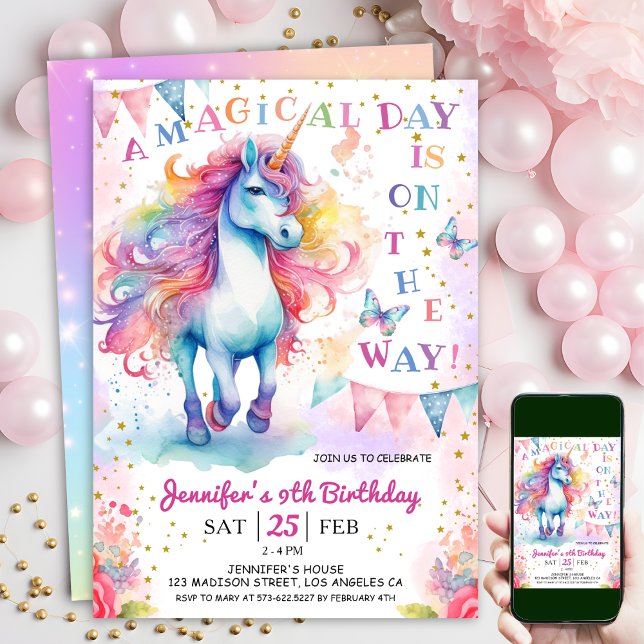 Unicorn 9th Birthday Fairy Floral Rainbow & Stars Invitation (#UnicornBirthdayInvitation #UnicornBirthdayInvitationTemplate #UnicornBirthdayInvitationEditable 
)