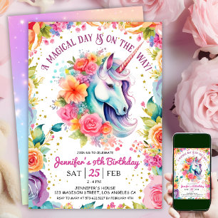 Unicorn 9th Birthday  Floral Rainbow and Stars Invitation