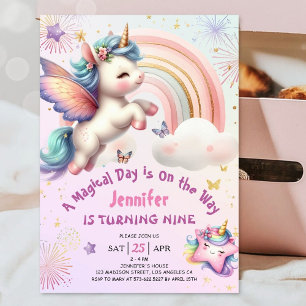 Unicorn 9th Birthday Girl Purple Pink Rainbow  Invitation