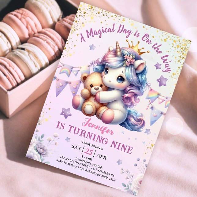 Unicorn 9th Birthday Invite Girl Pink Gold Cute (#UnicornBirthdayInvitation #UnicornBirthdayInvitationTemplate #UnicornBirthdayInvitationEditable 
)