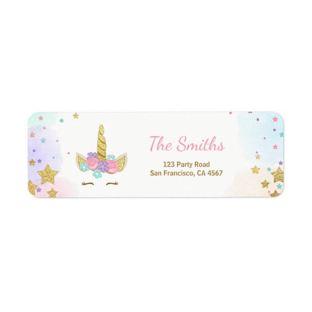 Unicorn Address Label Pink Gold Magical Rainbow (Front)