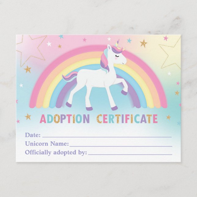 Unicorn Adoption Certificate Birthday Party Favour (Front)