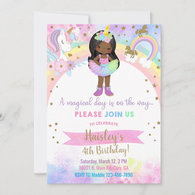 Unicorn african american girl magical birthday. invitation (Front)