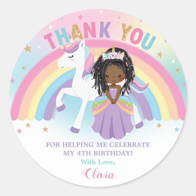 Unicorn African Princess Birthday Thank You Favour Classic Round Sticker (Front)