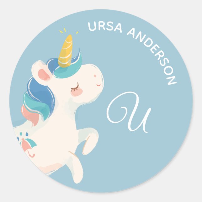 Unicorn • Alphabet Monogram Cute School Daycare Classic Round Sticker (Front)