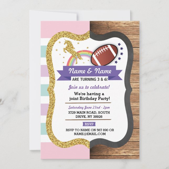 Unicorn & American Football Joint Birthday Sports Invitation (Front)
