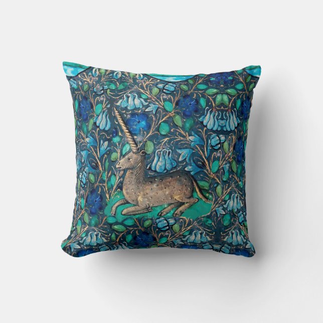 UNICORN AMONG BLUE FLOWERS Aqua Blue Green Floral Cushion (Front)