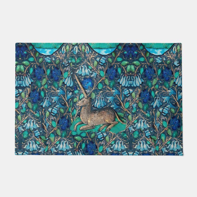 UNICORN AMONG BLUE FLOWERS Aqua Blue Green Floral Doormat (Front)