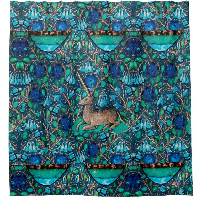 UNICORN AMONG BLUE FLOWERS Aqua Blue Green Floral Shower Curtain (Front)