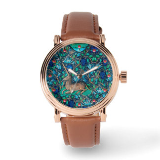 UNICORN AMONG BLUE FLOWERS Aqua Blue Green Floral Watch