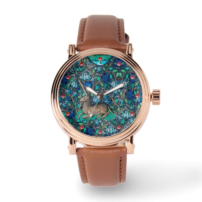 UNICORN AMONG BLUE FLOWERS Aqua Blue Green Floral Watch (Front)