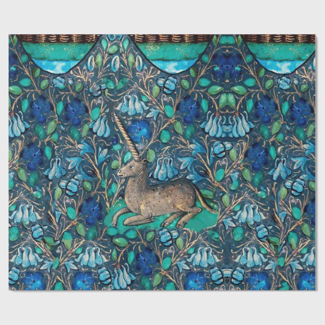 UNICORN AMONG BLUE FLOWERS Aqua Blue Green Floral Wrapping Paper (Flat)