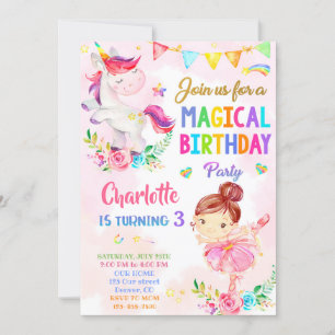 Unicorn and Ballerina birthday invitation for girl