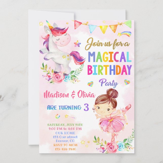 Unicorn and Ballerina birthday invitation for girl (Front)