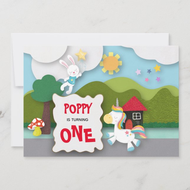 Unicorn and Bunny Landscape First Birthday Invitation (Front)