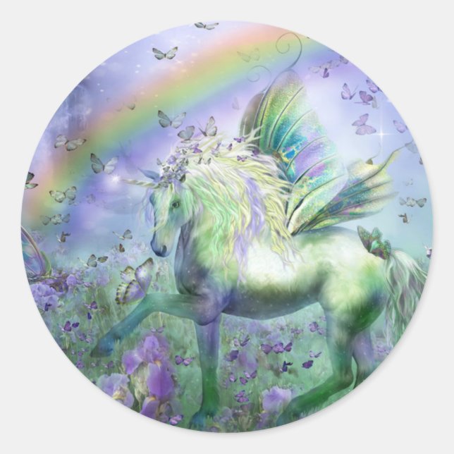 unicorn and butterflies classic round sticker (Front)