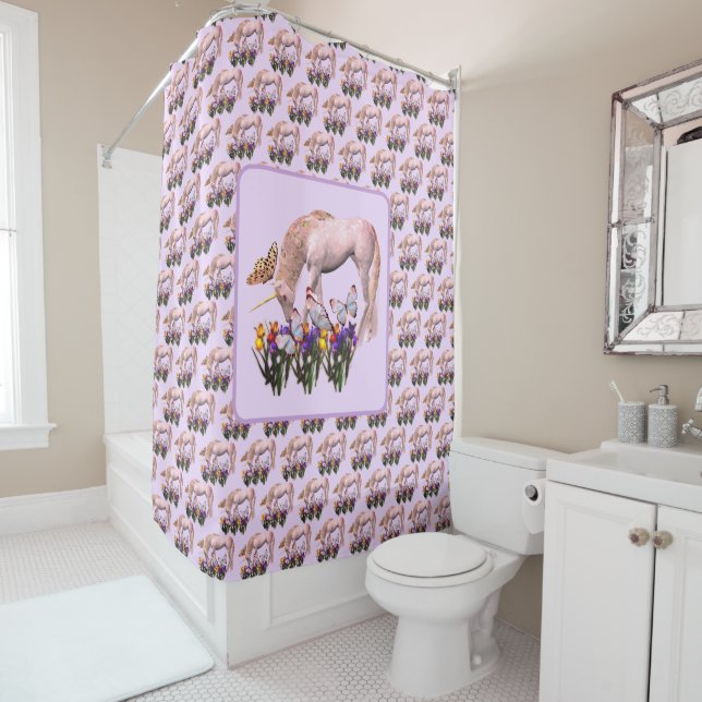 Unicorn And Butterflies Fantasy Shower Curtain (In Situ)