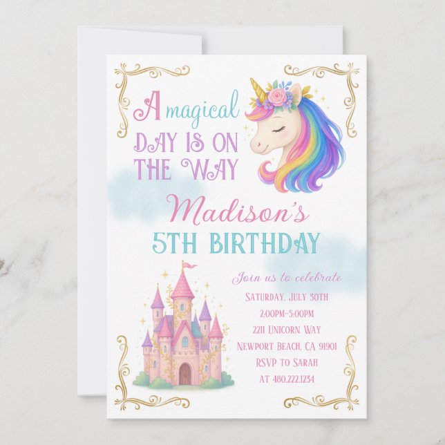 Unicorn and Castle Birthday Party Invitation (Front)