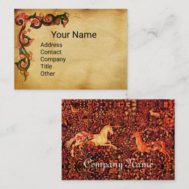 UNICORN AND DEER,ANIMALS Red Floral Parchment  Business Card (Front/Back)