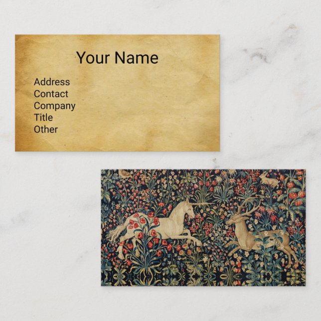 UNICORN AND DEER,FLOWERS,ANIMALS Floral Parchment  Business Card (Front/Back)
