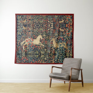 UNICORN AND DEER,FLOWERS,FOREST ANIMALS Floral Tapestry