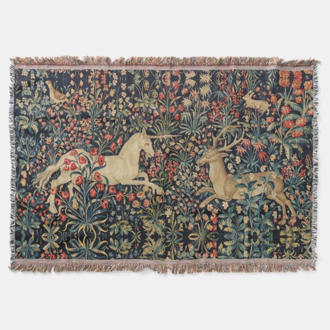 UNICORN AND DEER,FLOWERS, FOREST ANIMALS Floral Throw Blanket (Front)