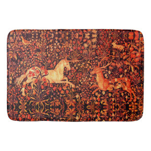 UNICORN AND DEER,FLOWERS,FOREST ANIMALS Red Floral Bath Mat
