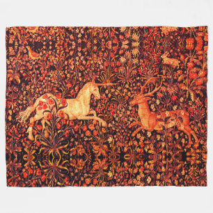 UNICORN AND DEER,FLOWERS,FOREST ANIMALS Red Floral Fleece Blanket
