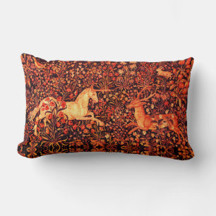UNICORN AND DEER,FLOWERS,FOREST ANIMALS Red Floral Lumbar Cushion