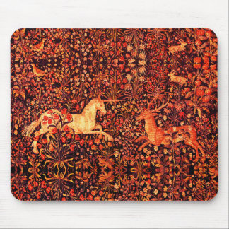 UNICORN AND DEER,FLOWERS,FOREST ANIMALS Red Floral Mouse Pad