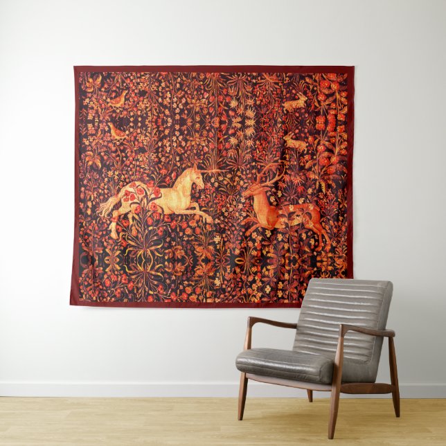 UNICORN AND DEER,FLOWERS,FOREST ANIMALS Red Floral Tapestry (In Situ (Horizontal))