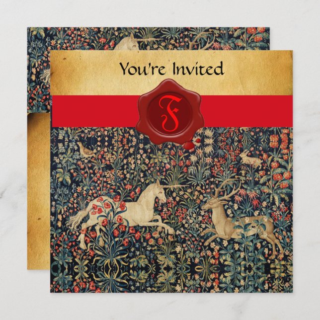 UNICORN AND DEER MONOGRAM RED WAX SEAL PARCHMENT INVITATION (Front/Back)