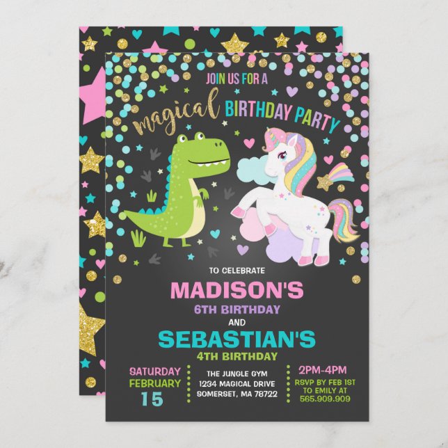 Unicorn And Dinosaur Birthday Invitation Siblings (Front/Back)