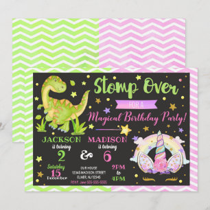 Unicorn and Dinosaur Joint Birthday Invitation