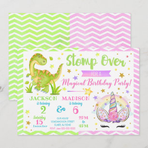 Unicorn and Dinosaur Joint Birthday Invitation