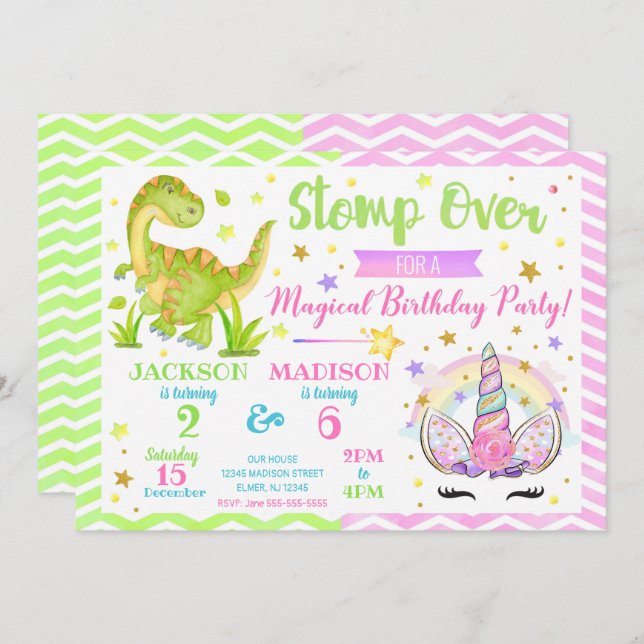 Unicorn and Dinosaur Joint Birthday Invitation (Front/Back)