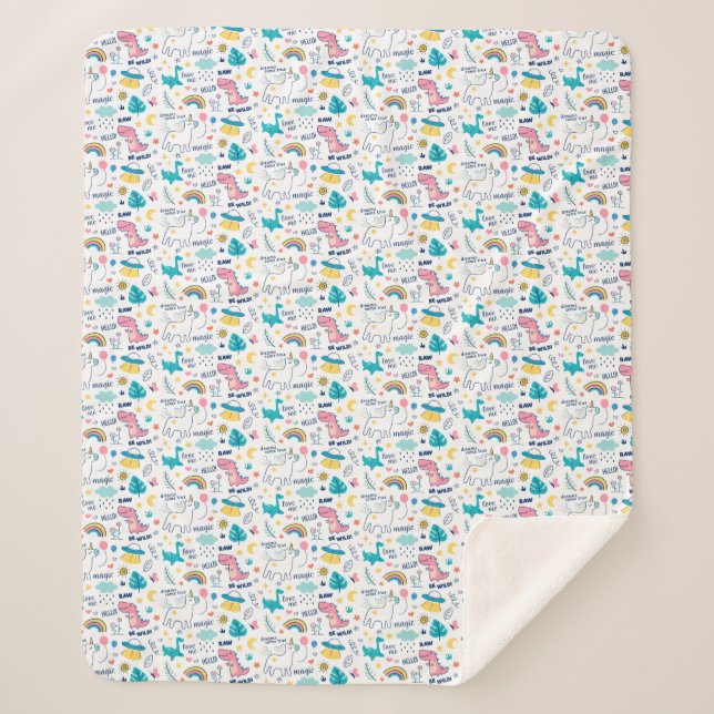 Unicorn And Dinosaur Sherpa Blanket (Front)