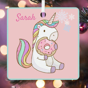 Unicorn and Doughnut Add Name Pink Metal Ornament