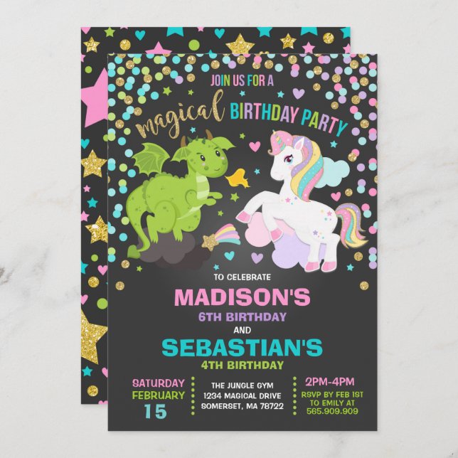 Unicorn And Dragon Birthday Invitation Siblings (Front/Back)