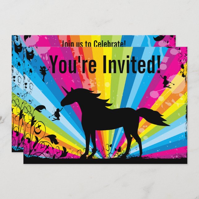 Unicorn and Fairies Rainbow Fairy Birthday Invitation (Front/Back)